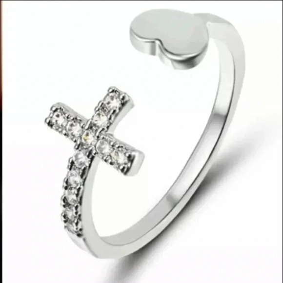 Silver Crystal Cross & Heart Adjustable Free Size Open Ring NWT - Picture 1 of 3